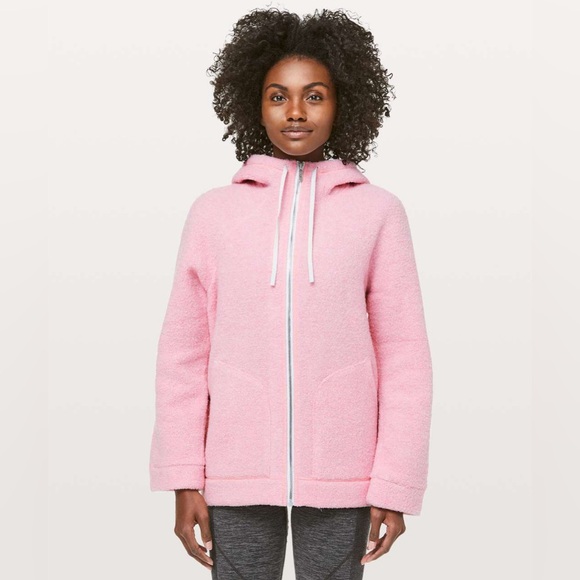 Lululemon So Sherpa Wool Hooded Jacket Heathered Pink Haze Zip Up Pockets - Picture 2 of 6